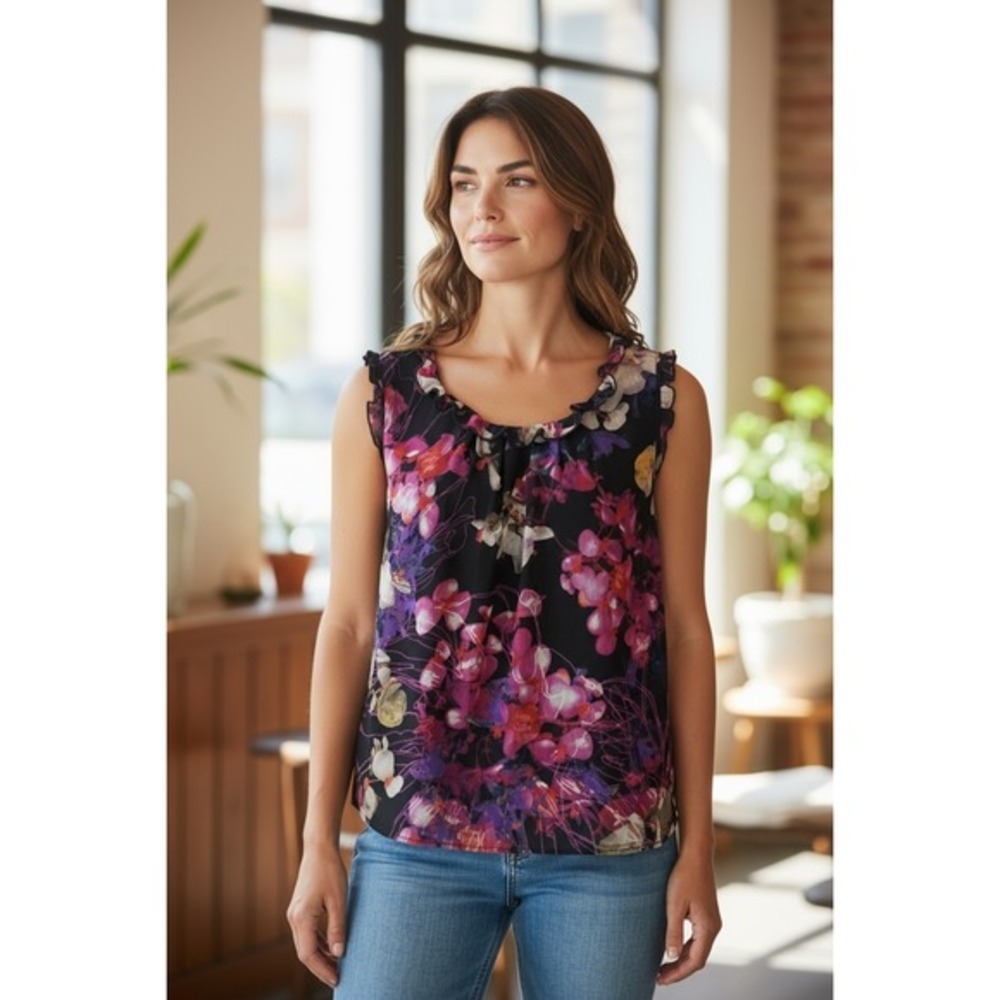 Spense Floral Print Ruffle Neck Sleeveless Blouse‎ Tank Top Women's